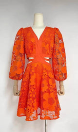 FLORAL TEXTURES CUTOUT MINI DRESS IN NEON ORANGE DRESS STYLE OF CB 