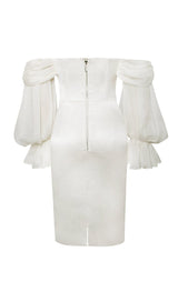 LYDIA PEARL WHITE SATIN OFF SHOULDER PUFF SLEEVE DRESS Dresses styleofcb 