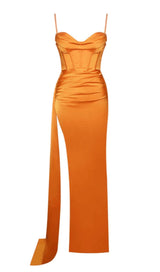 ELAYNA ORANGE STRAPPY SATIN CORSET HIGH SLIT GOWN Dresses styleofcb 