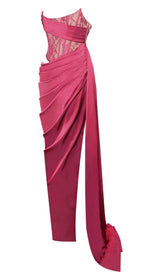 CORSET SATIN PLEATED MAXI DRESS IN RED DRESS STYLE OF CB 
