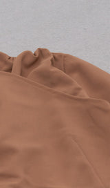 IRREGULAR PLEATED HIGH SPLIT METAL BUCKLE DRESS IN CAMEL styleofcb 