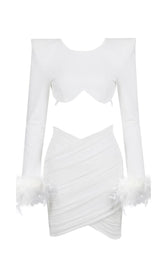 SHOULEDR PAD WAIST BARING FEATHER BLOUSE PLEATED DRESS IN WHITE styleofcb 