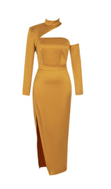 SATIN ONE SHOULDER LONG SLEEVES MAXI DRESS IN PAPAYA SMOOTHIE styleofcb 