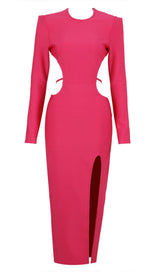 LONG SLEEVE OPEN BACK SLIT DRESS IN ROSE RED Bandage Dresses styleofcb 