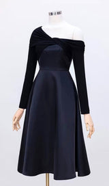 BLACK DIAGONAL SHOULDER LONG SLEEVE MIDI DRESS styleofcb 