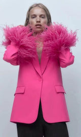 FEATHER JACKET SUIT IN HOT PINK jacket styleofcb 