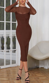 BROWN MESH STITCHED SEXY SKINNY MIDI DRESS Dresses styleofcb 