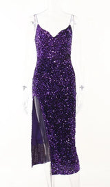 V-NECK SLIT BACKLESS SEQUIN MIDI DRESS IN PURPLE styleofcb 