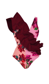 RUFFLED FLORAL PRINT SPLICING ONE PIECE SWIMSUIT styleofcb 