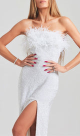 OSTRICH HAIR DECORATIVE BANDEAU MAXIC DRESS IN WHITE styleofcb 