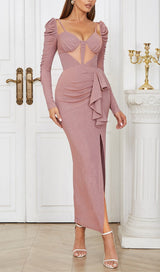 HIGH SLIT AND RUFFLES BACKLESS DRESS IN PINK styleofcb 