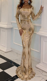 LONG SLEEVES WITH PRINT MAXI DRESS IN GOLD styleofcb 