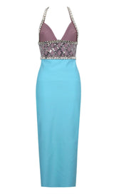 RHINESTONE PLUNGE MIDI DRESS IN TURQUOISE DRESS STYLE OF CB 