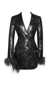 BLACK SEQUIN FEATHER TRIM BLAZER DRESS Dresses styleofcb 