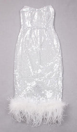 SEQUIN FEATHER MIDI DRESS IN WHITE styleofcb 
