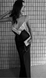 BLACK V-NECK RHINESTONE DECORATIVE SUSPENDER DRESS styleofcb 