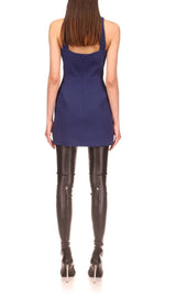 CRYSTAL-BROOCH CREPE MINI DRESS IN NAVY BLUE DRESS styleofcb 