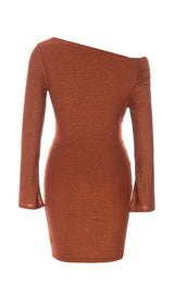 GLIT PLEATED OBLIQUE SHOULDER DRESS IN BROWN styleofcb 