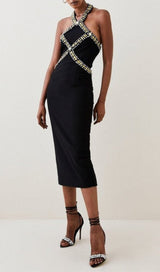 EMBELLISHED HALTER MIDI DRESS IN BLACK DRESS STYLE OF CB 