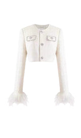 CHANEL'S STYLE WITH FEATHER SHORT SKIRT SUIT IN WHITE styleofcb 