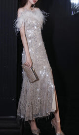 CHAMPAGNE FEATHER SEQUIN MAXI DRESS styleofcb 