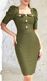 SQUARE COLLAR BUTTON MIDI DRESS IN OLIVE GREEN DRESS sis label 