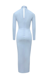 SKY BLUE HANGING NECK OFF-THE-SHOULDER WAIST HOLLOW HIGH SLIT STRETCH MIDI DRESS styleofcb 