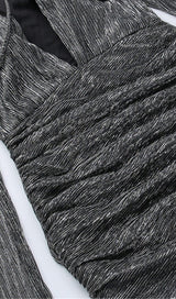 BLACK SILVER SILK DEEP V-NECK HIP WRAP MIDI DRESS styleofcb 