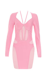 BARBIE PINK MESH FABRIC STITCHED SQUARE-NECK HALTERNECK DRESS styleofcb 