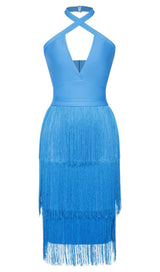 TASSEL HALTER BANAGE MIDI DRESS IN PURE BLUE DRESS styleofcb 