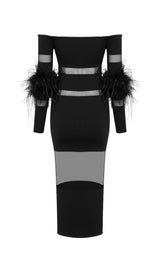 BANDAGE OFF-SHOULDER FEATHER MIDI DRESS IN BLACK styleofcb 