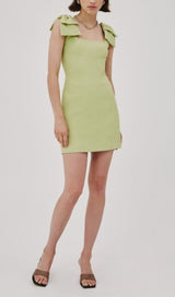 SQUARE NECK BOW DETAIL MINI DRESS IN GREEN DRESS STYLE OF CB 
