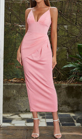 SATIN STRAPY SPLIT MIDI DRESS IN PINK-styleofcb