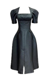 SQUARE NECK PUFF SLEEVE DRESS IN BLACK styleofcb 
