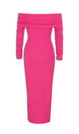 PLEATED OFF SHOULDER HIGH SPLIT DRESS IN BRIGHT PINK styleofcb 