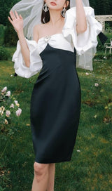 OFF SHOULDER BLACK AND WHITE PATCHWORK MINI DRESS styleofcb 