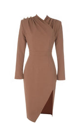 IRREGULAR PLEATED HIGH SPLIT METAL BUCKLE DRESS IN CAMEL styleofcb 