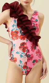 RUFFLED FLORAL PRINT SPLICING ONE PIECE SWIMSUIT styleofcb 
