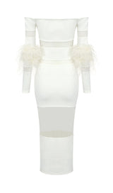 BANDAGE OFF-SHOULDER FEATHER MIDI DRESS IN WHITE styleofcb 