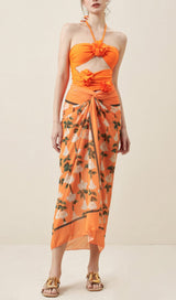 HALTER CUTOUT 3D FLOWER DECOR ONE PIECE SWIMSUIT AND SARONG styleofcb 