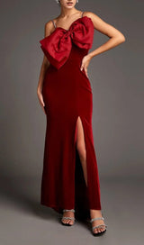 DARK RED FRONT BOW SIDE SLIT MERMAID MAXI DRESS styleofcb 