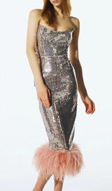 STRAPLESS SEQUIN FEATHER MIDI DRESS IN SILVER Dresses styleofcb 