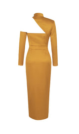 SATIN ONE SHOULDER LONG SLEEVES MAXI DRESS IN PAPAYA SMOOTHIE styleofcb 