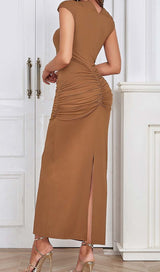 RUCHED SATIN MIDI DRESS IN BROWN DRESS STYLE OF CB 