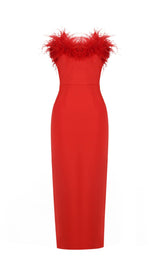 STRETCH STRAPLESS FEATHER TRIMMED GOWN IN RED styleofcb 