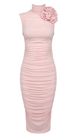 RUCHED APPLIQUÉD MIDI DRESS IN LIGHT PEACH DRESS styleofcb 