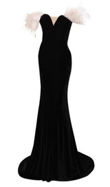 ELEGANT FEATHER OFF SHOULDER FISHTAIL MAXI DRESS IN BLACK styleofcb 