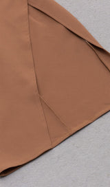 IRREGULAR PLEATED HIGH SPLIT METAL BUCKLE DRESS IN CAMEL styleofcb 