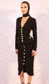 V-NECK METAL BUTTON DECORATIVE SLIM FIT SKIRT IN BLACK styleofcb 