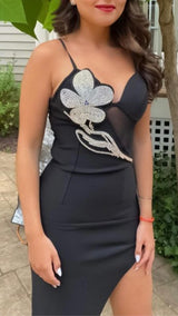 ASYMMETRIC CRYSTAL FLOWER DRESS IN BLACK Dresses styleofcb 